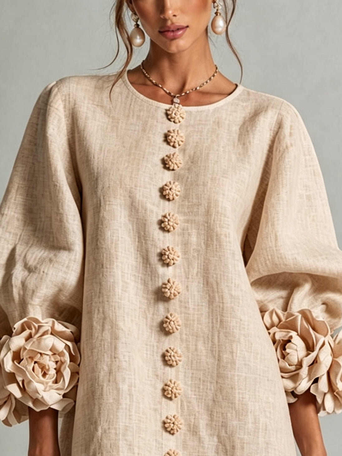 Rosina Blossom-Cuff Button Mini Dress with Floral Cuff Detail