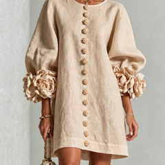 Rosina Blossom-Cuff Button Mini Dress with Floral Cuff Detail