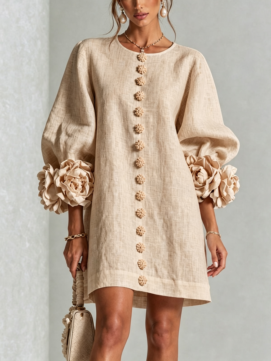 Rosina Blossom-Cuff Button Mini Dress with Floral Cuff Detail