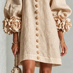 Rosina Blossom-Cuff Button Mini Dress with Floral Cuff Detail
