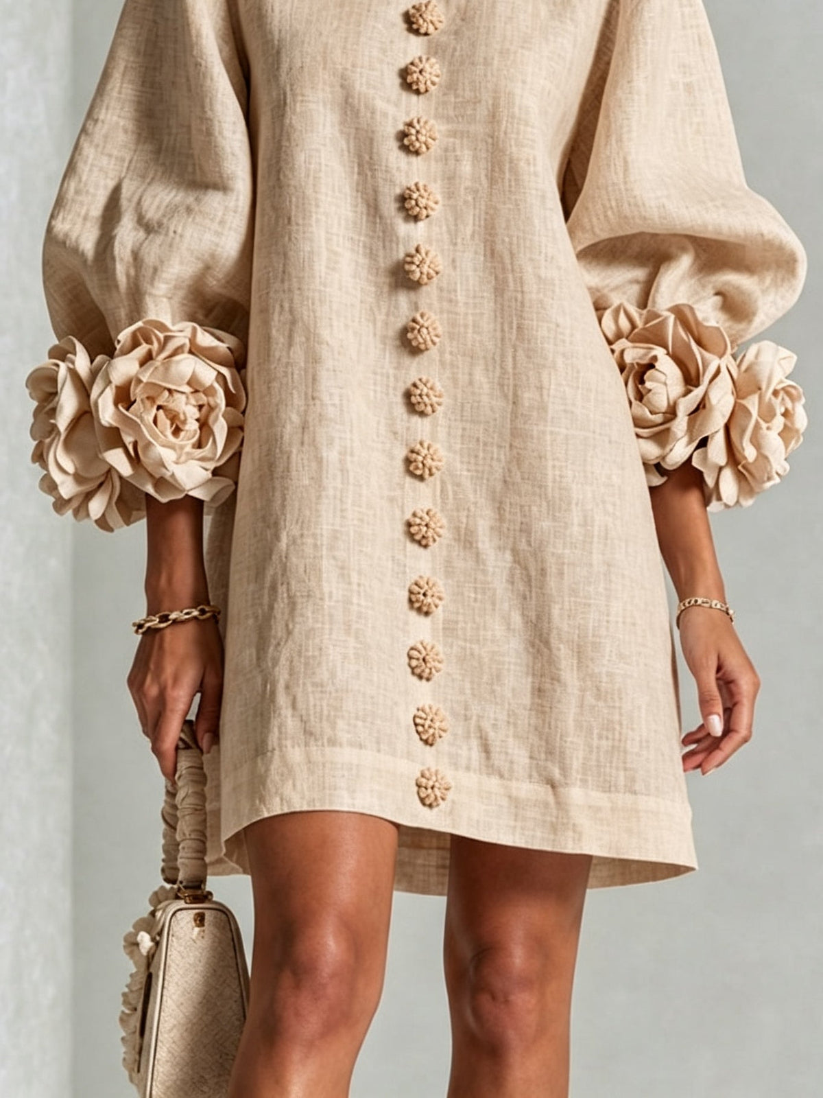 Rosina Blossom-Cuff Button Mini Dress with Floral Cuff Detail