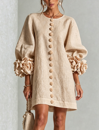 Aurora Floral-Cuff Button Mini Dress with Volume Sleeves
