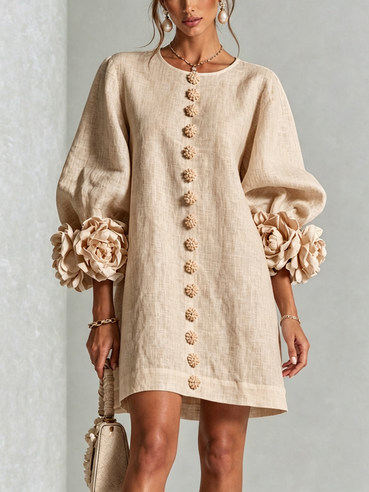 Aurora Floral-Cuff Button Mini Dress with Volume Sleeves