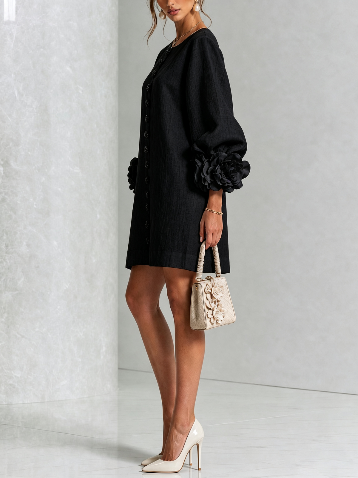 Aurora Floral-Cuff Button Mini Dress with Volume Sleeves