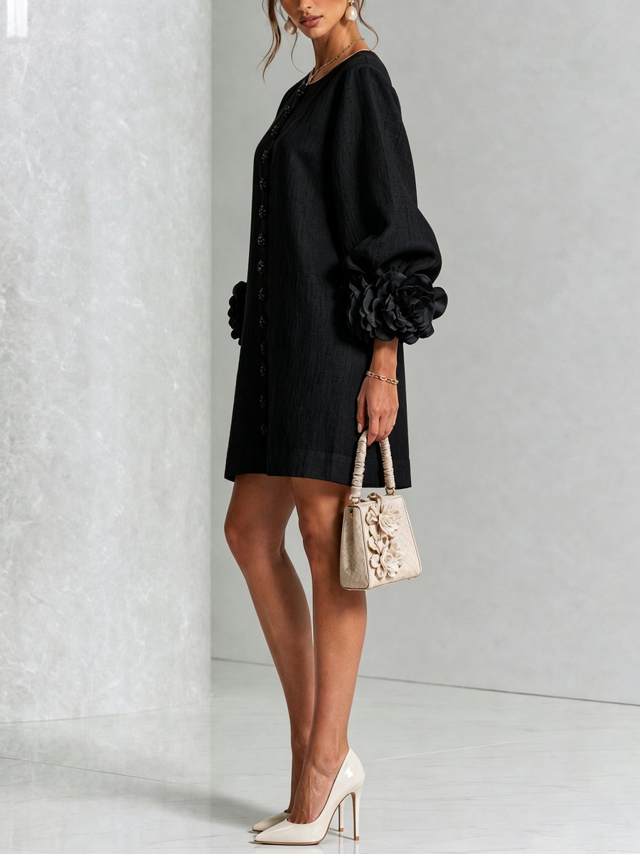 Rosamund Floral-Cuff Button Mini Dress with Relaxed Fit