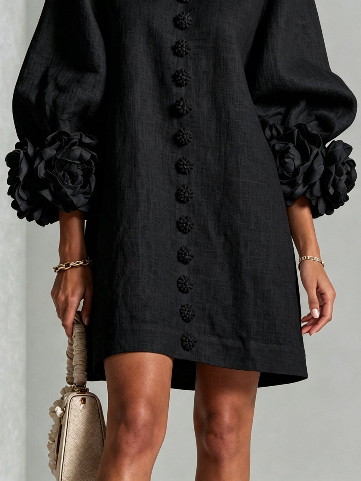 Rosamund Floral-Cuff Button Mini Dress with Relaxed Fit