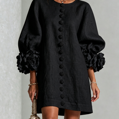 Rosamund Floral-Cuff Button Mini Dress with Relaxed Fit