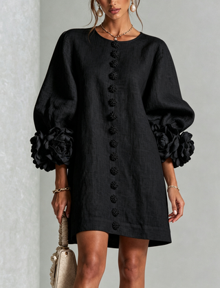 Rosamund Floral-Cuff Button Mini Dress with Relaxed Fit