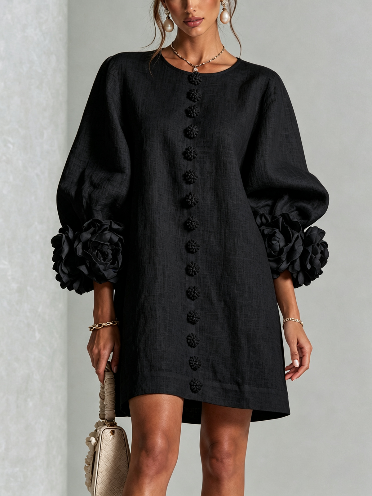 Rosamund Floral-Cuff Button Mini Dress with Relaxed Fit