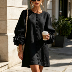 Rosamund Floral-Cuff Button Mini Dress with Relaxed Fit