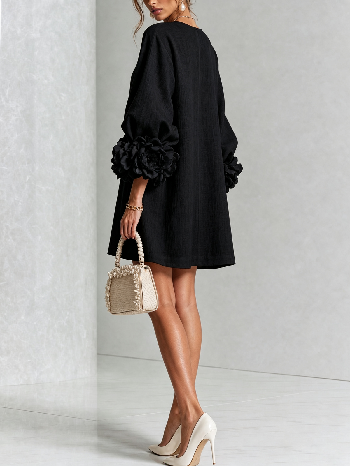 Rosamund Floral-Cuff Button Mini Dress with Relaxed Fit