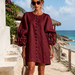 Camellia Rosette-Cuff Mini Dress with Floral Button Front