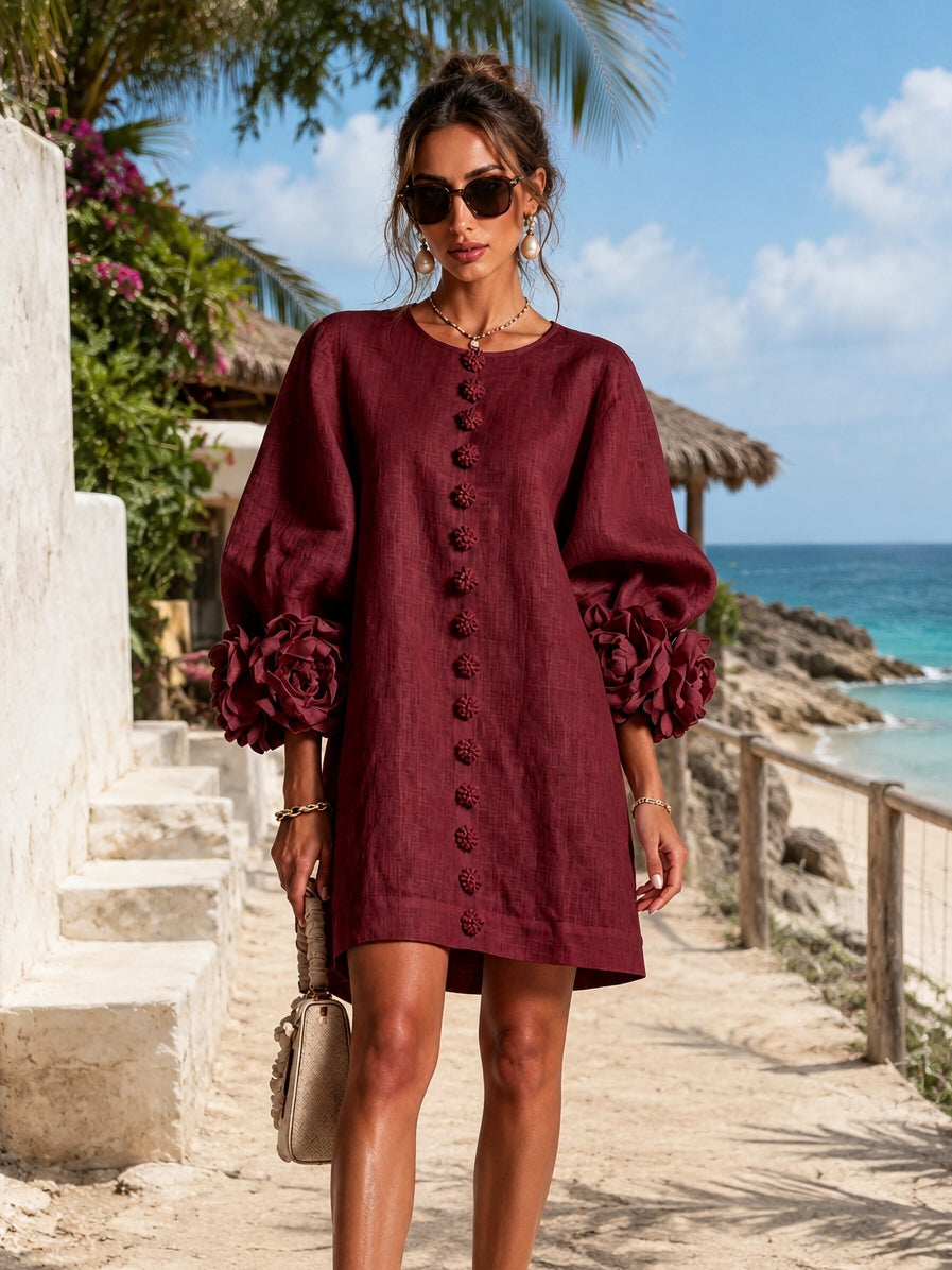 Camellia Rosette-Cuff Mini Dress with Floral Button Front