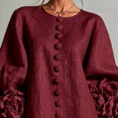 Camellia Rosette-Cuff Mini Dress with Floral Button Front