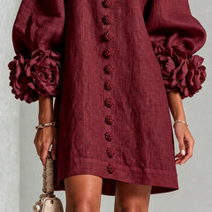 Camellia Rosette-Cuff Mini Dress with Floral Button Front