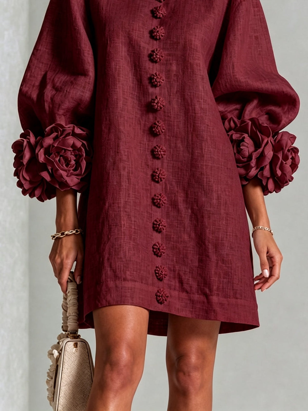 Camellia Rosette-Cuff Mini Dress with Floral Button Front