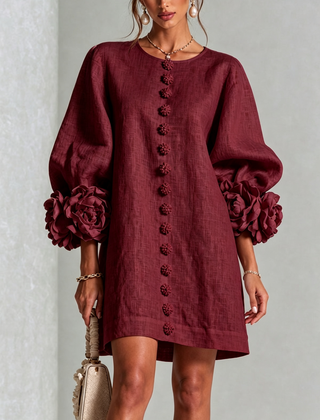 Aurora Floral-Cuff Button Mini Dress with Volume Sleeves