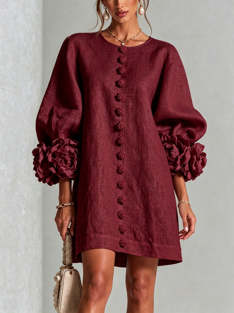 Camellia Rosette-Cuff Mini Dress with Floral Button Front