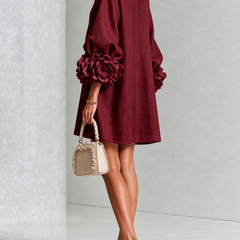 Camellia Rosette-Cuff Mini Dress with Floral Button Front