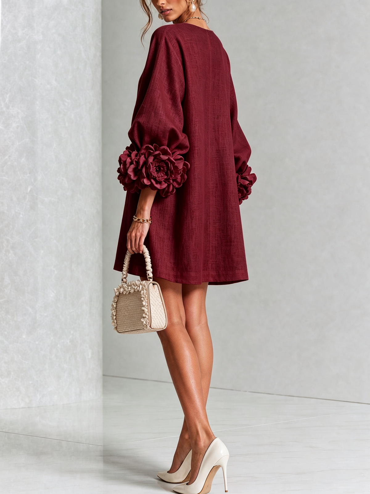 Camellia Rosette-Cuff Mini Dress with Floral Button Front