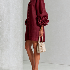 Camellia Rosette-Cuff Mini Dress with Floral Button Front