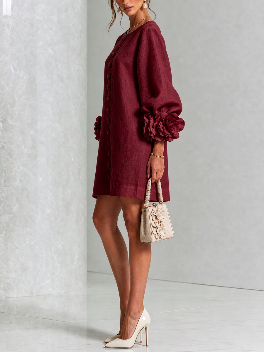 Camellia Rosette-Cuff Mini Dress with Floral Button Front