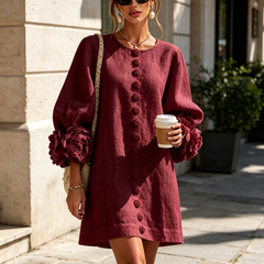 Camellia Rosette-Cuff Mini Dress with Floral Button Front