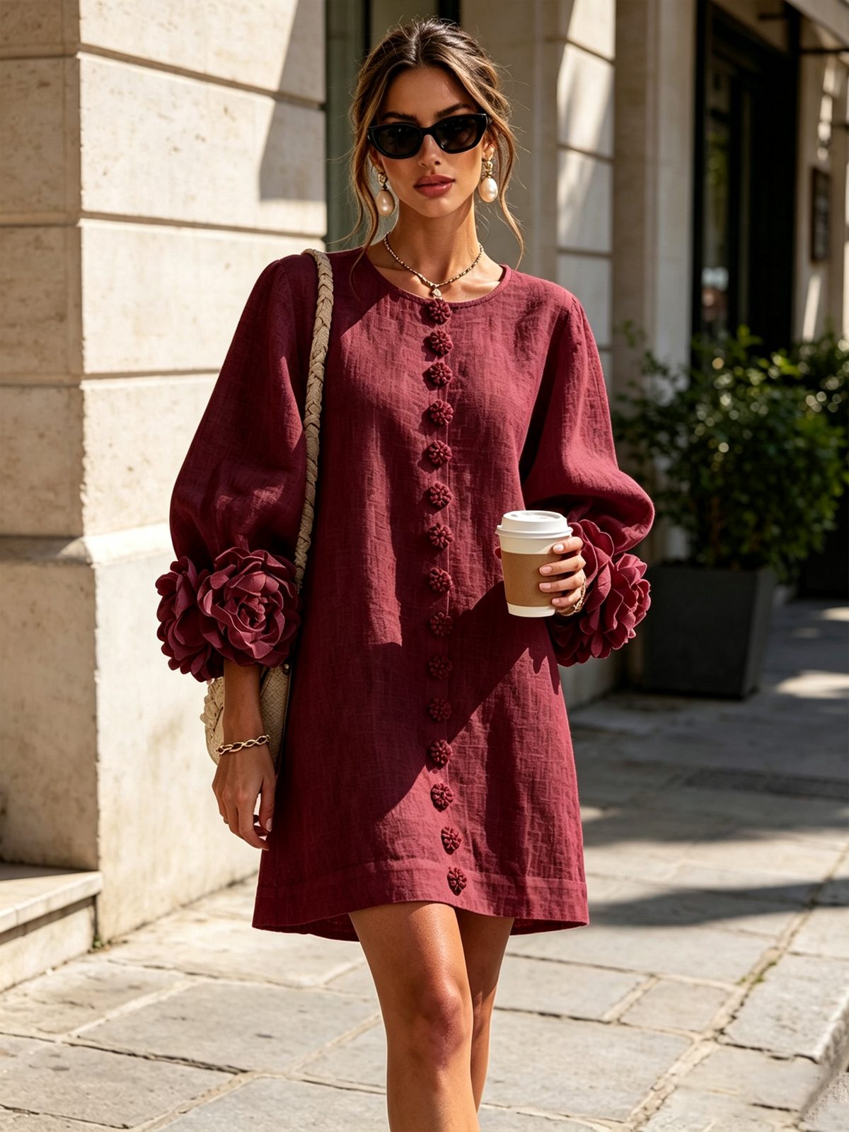 Camellia Rosette-Cuff Mini Dress with Floral Button Front