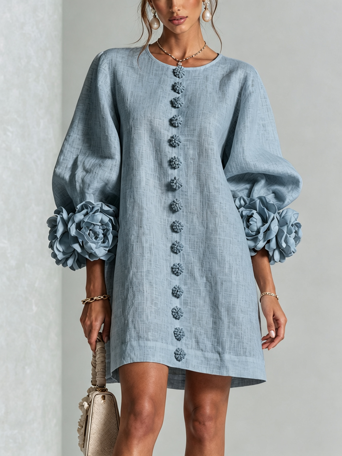 Cleo Floral-Trimmed Mini Dress with Button Front