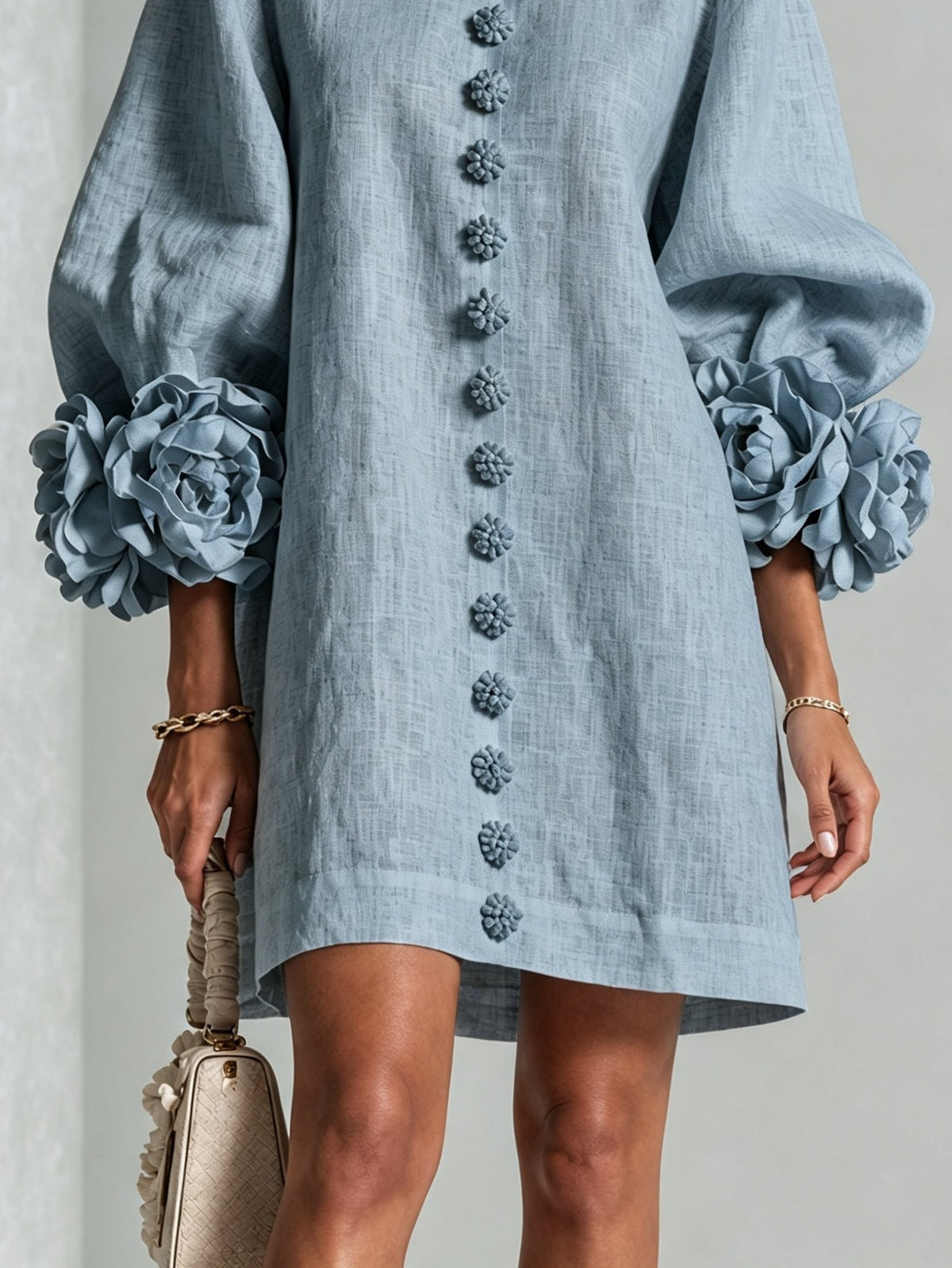 Cleo Floral-Trimmed Mini Dress with Button Front