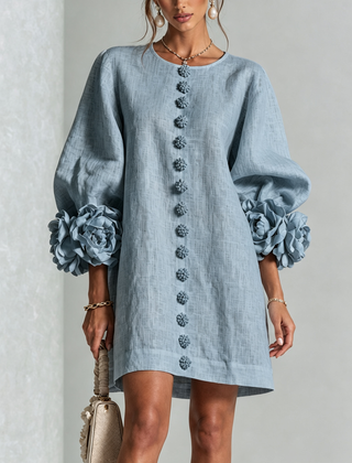 Aurora Floral-Cuff Button Mini Dress with Volume Sleeves