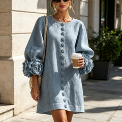Cleo Floral-Trimmed Mini Dress with Button Front