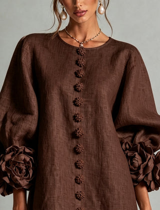 Gabrielle Rosette-Cuff Mini Dress with Sculpted Floral Sleeves