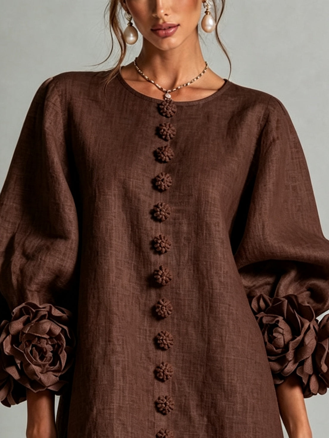 Gabrielle Rosette-Cuff Mini Dress with Sculpted Floral Sleeves