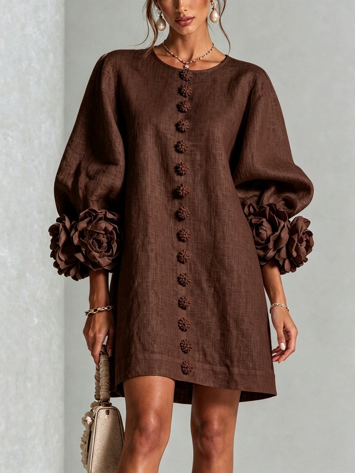 Gabrielle Rosette-Cuff Mini Dress with Sculpted Floral Sleeves