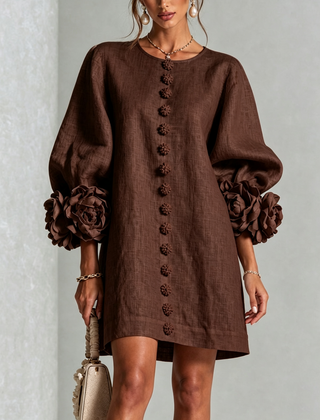 Aurora Floral-Cuff Button Mini Dress with Volume Sleeves