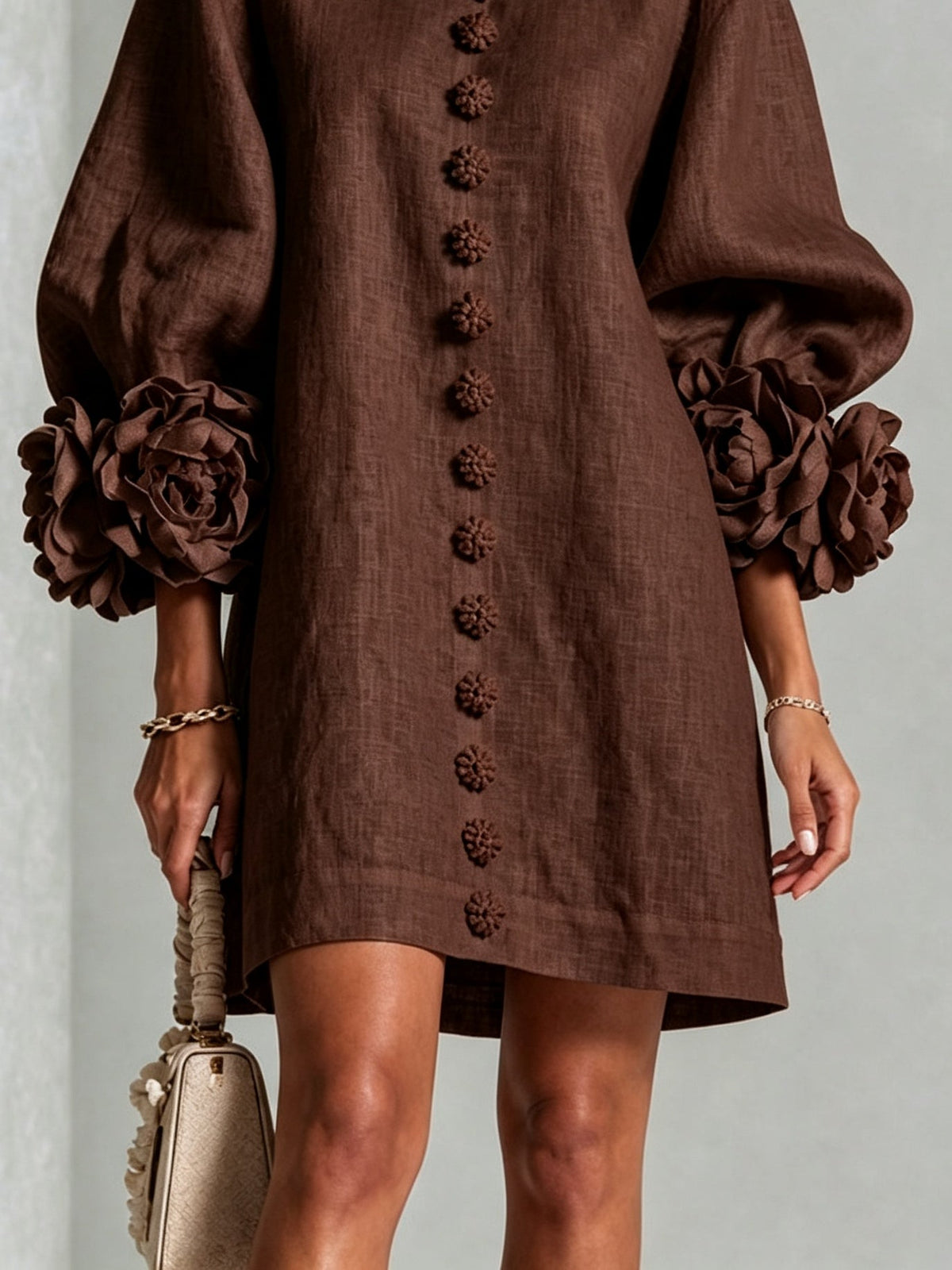 Gabrielle Rosette-Cuff Mini Dress with Sculpted Floral Sleeves