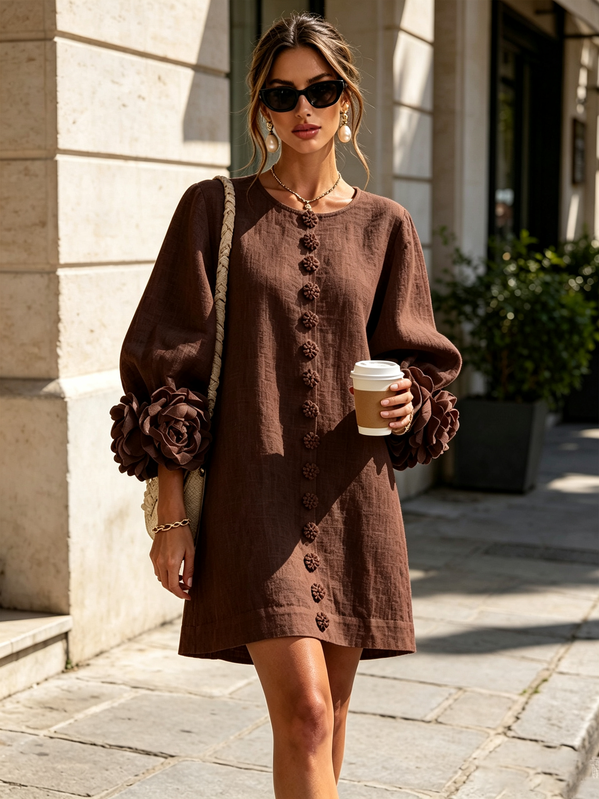 Gabrielle Rosette-Cuff Mini Dress with Sculpted Floral Sleeves