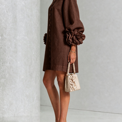 Gabrielle Rosette-Cuff Mini Dress with Sculpted Floral Sleeves