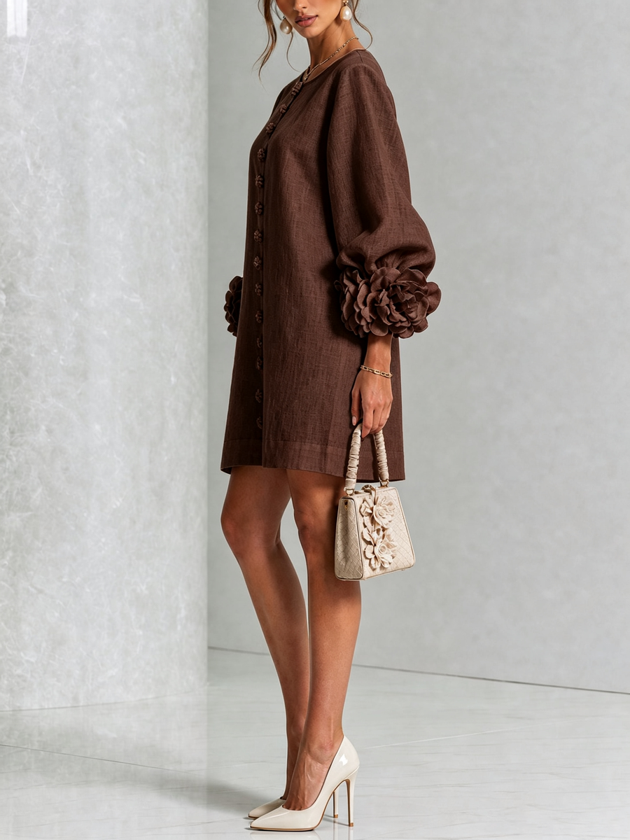 Gabrielle Rosette-Cuff Mini Dress with Sculpted Floral Sleeves