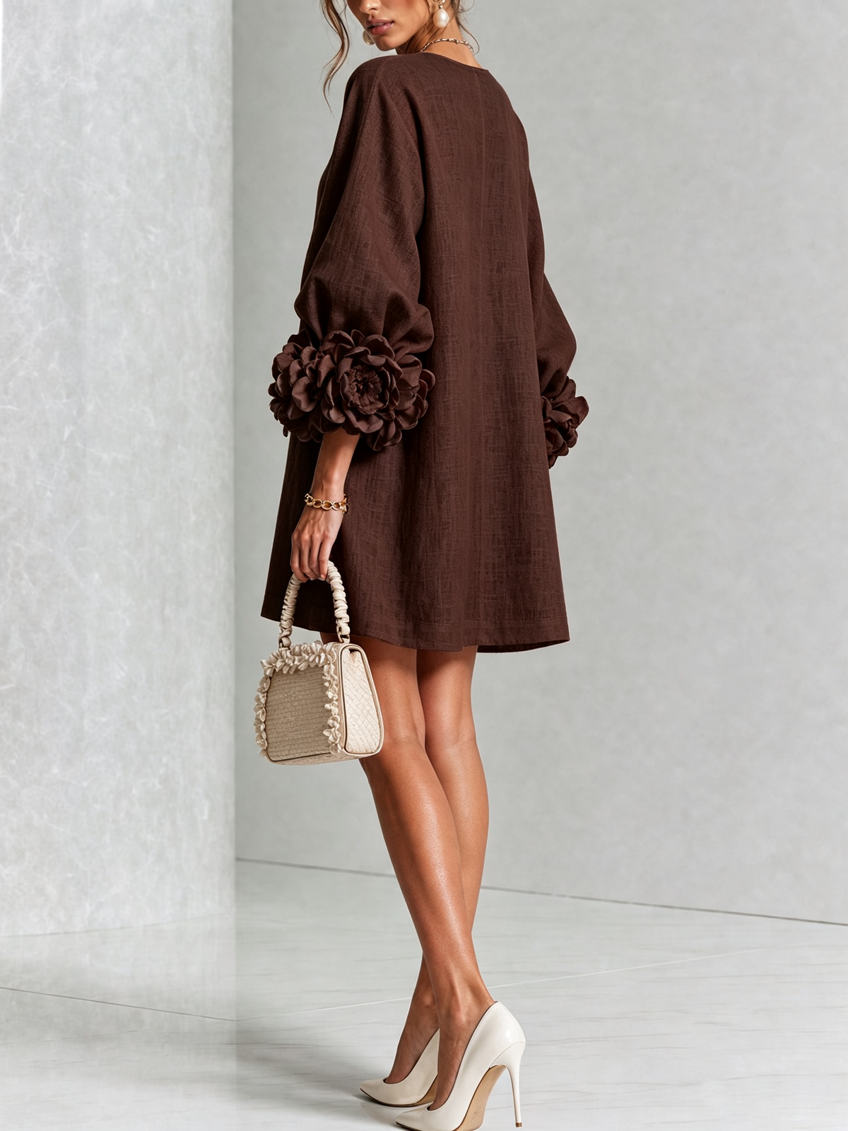 Gabrielle Rosette-Cuff Mini Dress with Sculpted Floral Sleeves