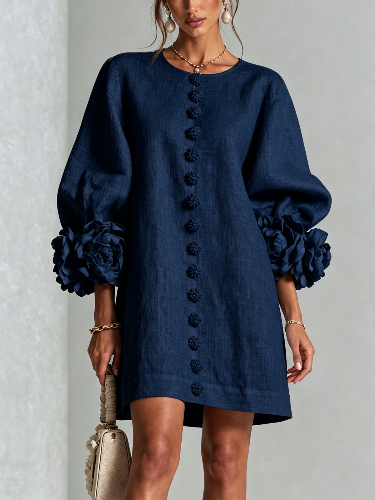 Aurora Floral-Cuff Button Mini Dress with Volume Sleeves