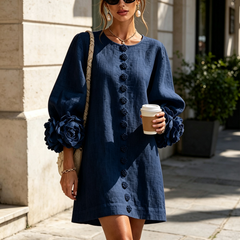 Aurora Floral-Cuff Button Mini Dress with Volume Sleeves