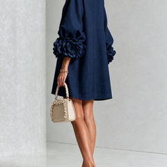 Aurora Floral-Cuff Button Mini Dress with Volume Sleeves