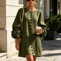 Aurora Floral-Cuff Button Mini Dress with Volume Sleeves