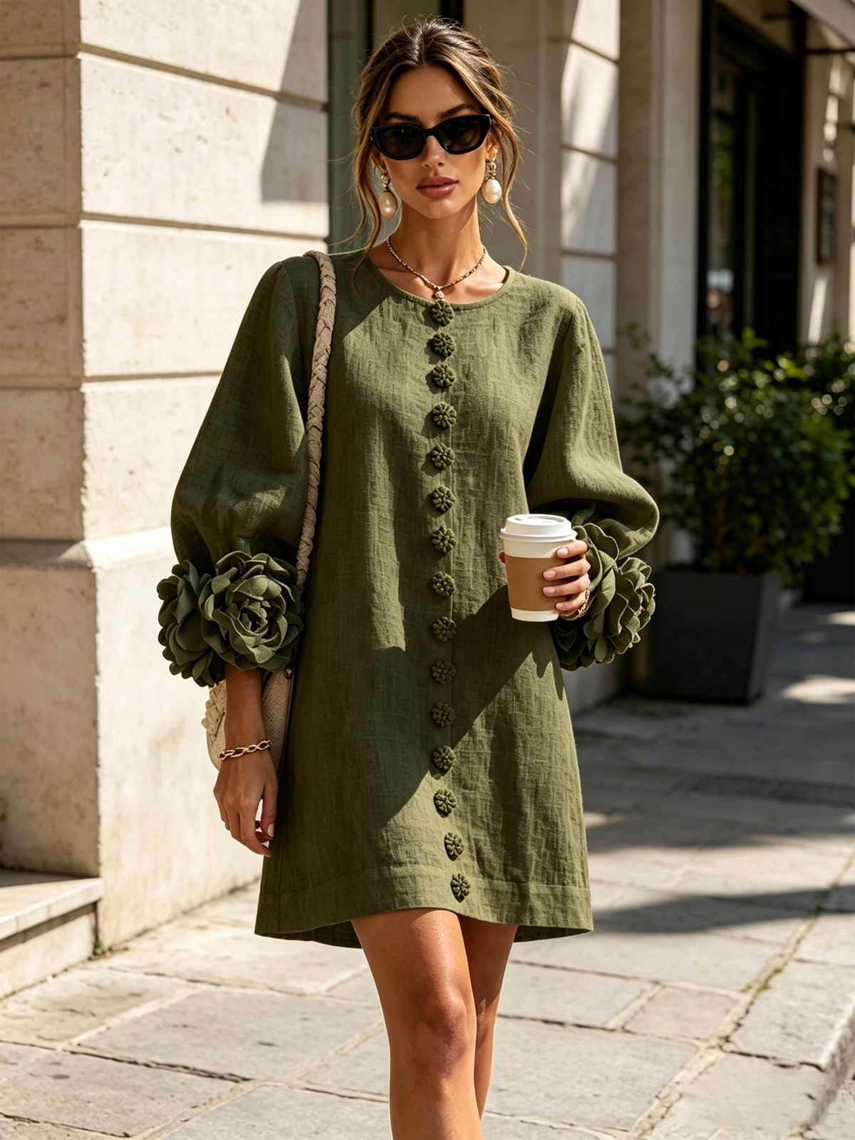 Aurora Floral-Cuff Button Mini Dress with Volume Sleeves