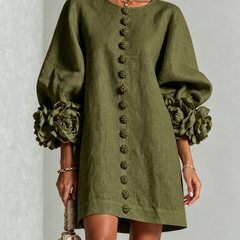 Aurora Floral-Cuff Button Mini Dress with Volume Sleeves