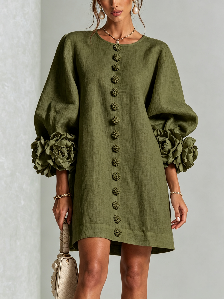 Aurora Floral-Cuff Button Mini Dress with Volume Sleeves