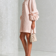 Aurora Floral-Cuff Button Mini Dress with Volume Sleeves