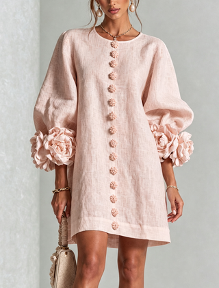 Aurora Floral-Cuff Button Mini Dress with Volume Sleeves
